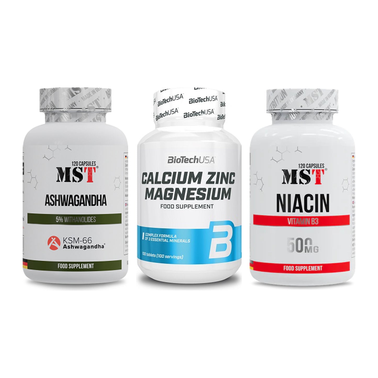 Stress & Balance: MST Ashwagandha + BioTech Calcium + MST Niacin – alle enthaltenen Artikel