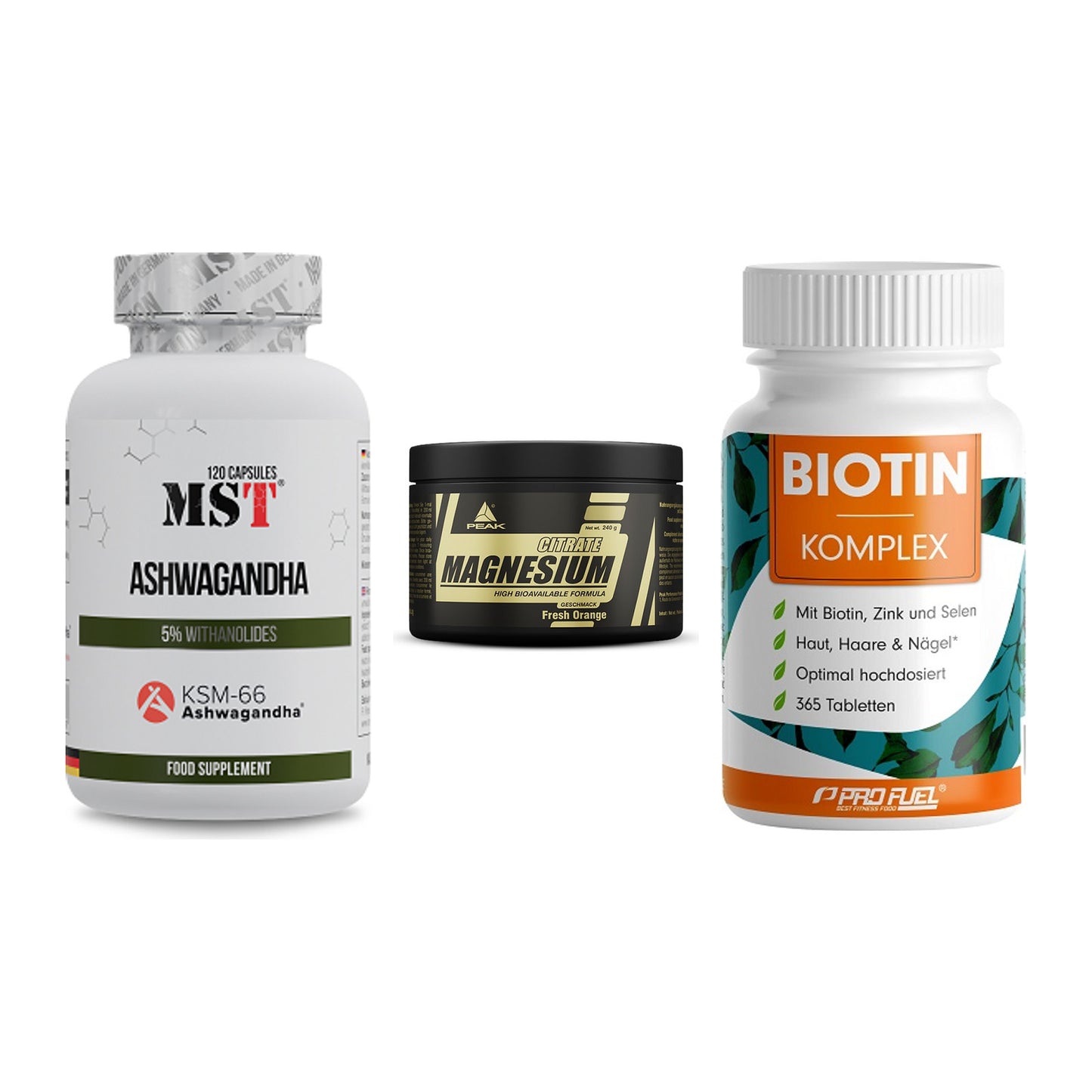 Stress & Balance: MST Ashwagandha + Peak Magnesium + ProFuel BIOTIN – alle enthaltenen Artikel