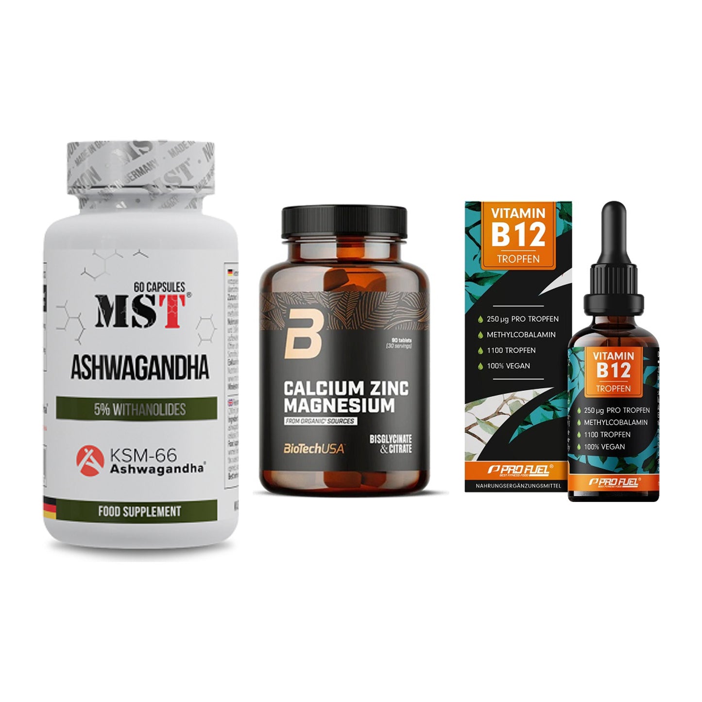 Stress & Balance: MST Ashwagandha + BioTech Calcium + ProFuel Vitamin – alle enthaltenen Artikel