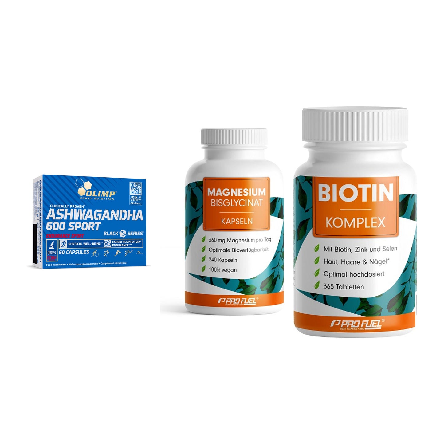 Stress & Balance: Olimp Ashwagand + ProFuel Magnesi + ProFuel BIOTIN – alle enthaltenen Artikel