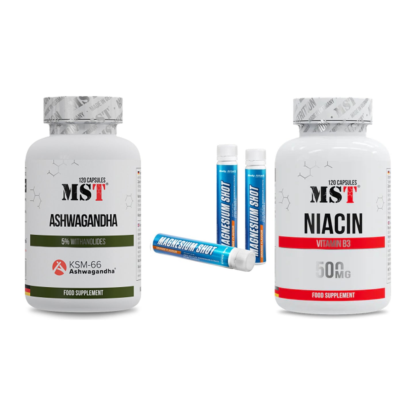 Stress & Balance: MST Ashwagandha + Body Attack + MST Niacin – alle enthaltenen Artikel