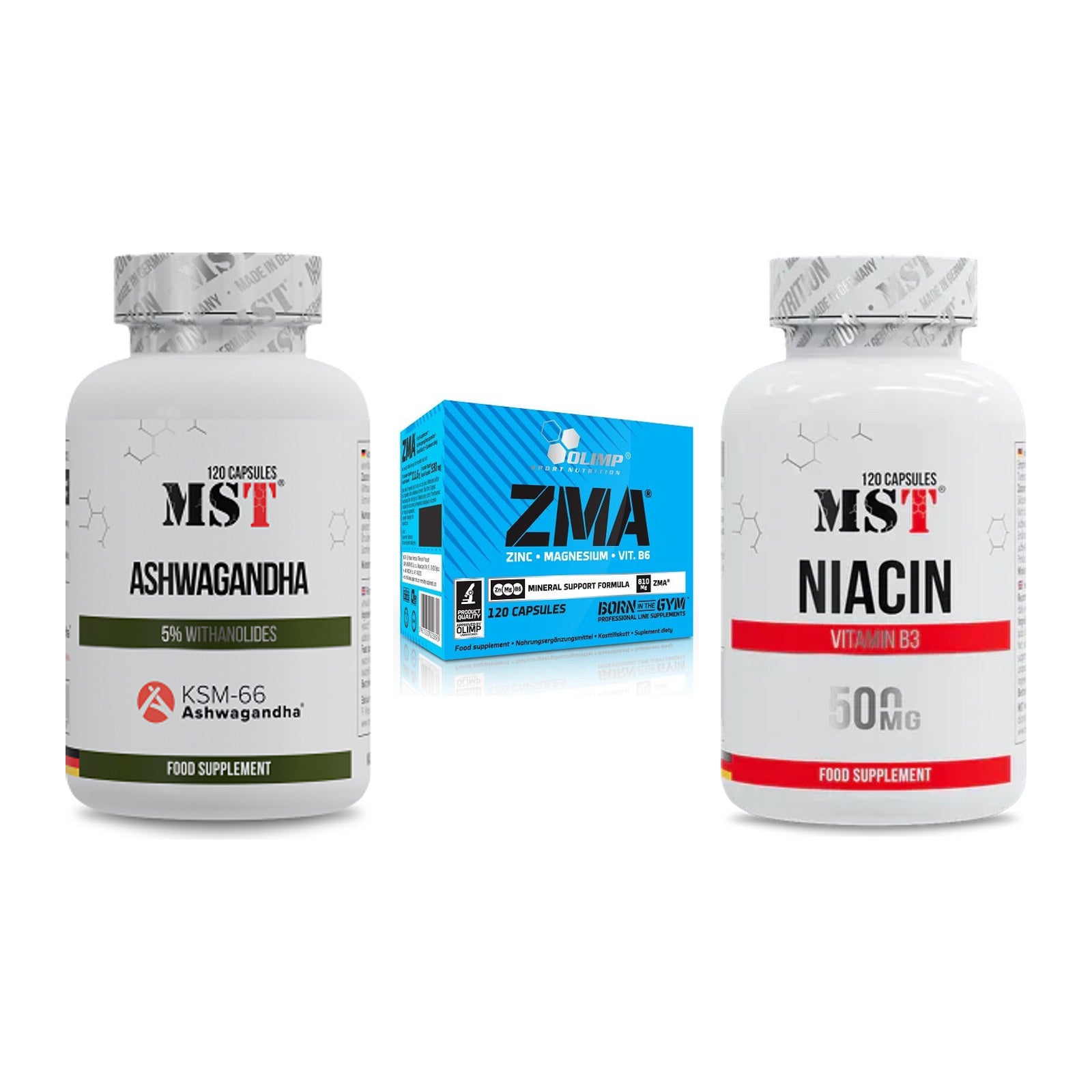 Stress & Balance: MST Ashwagandha KSM-66 + Olimp ZMA + MST Niacin – alle enthaltenen Artikel