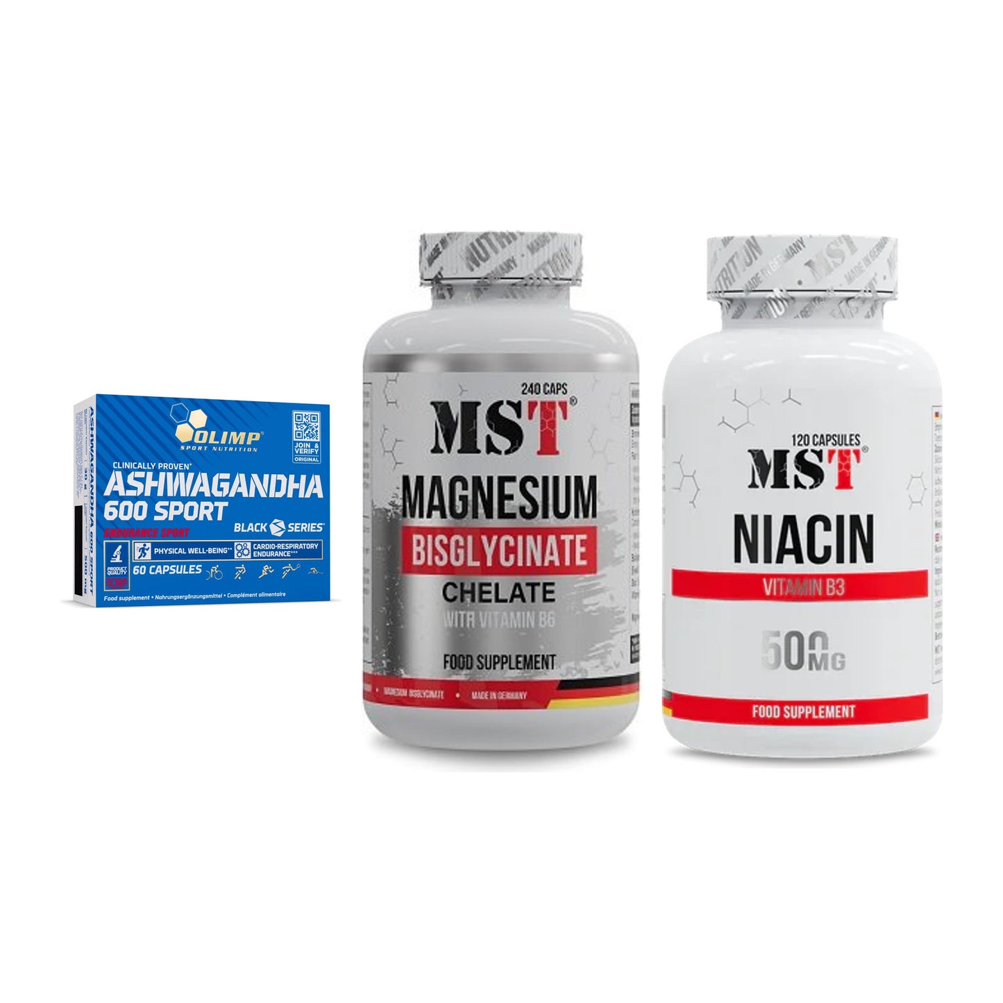 Stress & Balance: Olimp Ashwagand + MST Magnesium + MST Niacin – alle enthaltenen Artikel