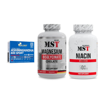 Stress & Balance: Olimp Ashwagand + MST Magnesium + MST Niacin – alle enthaltenen Artikel