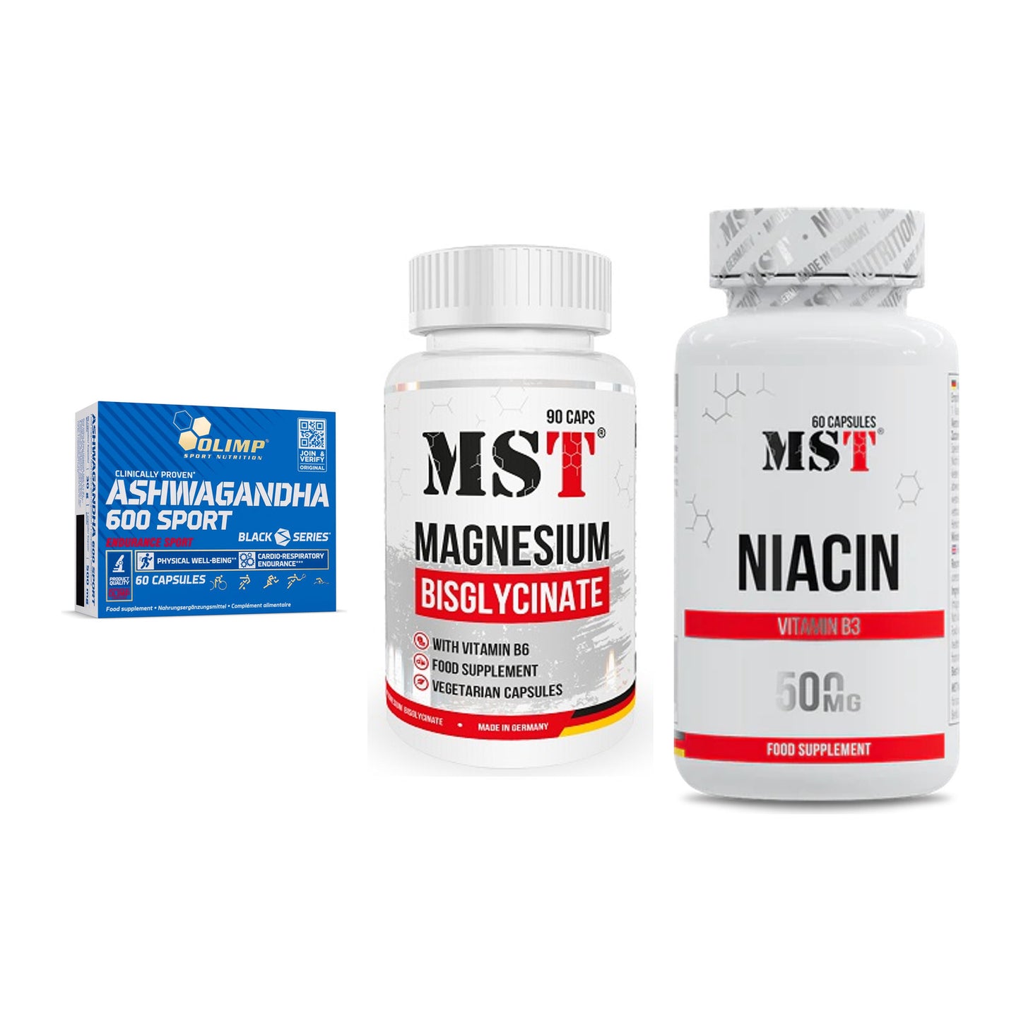 Stress & Balance: Olimp Ashwagand + MST Magnesium + MST Niacin – alle enthaltenen Artikel