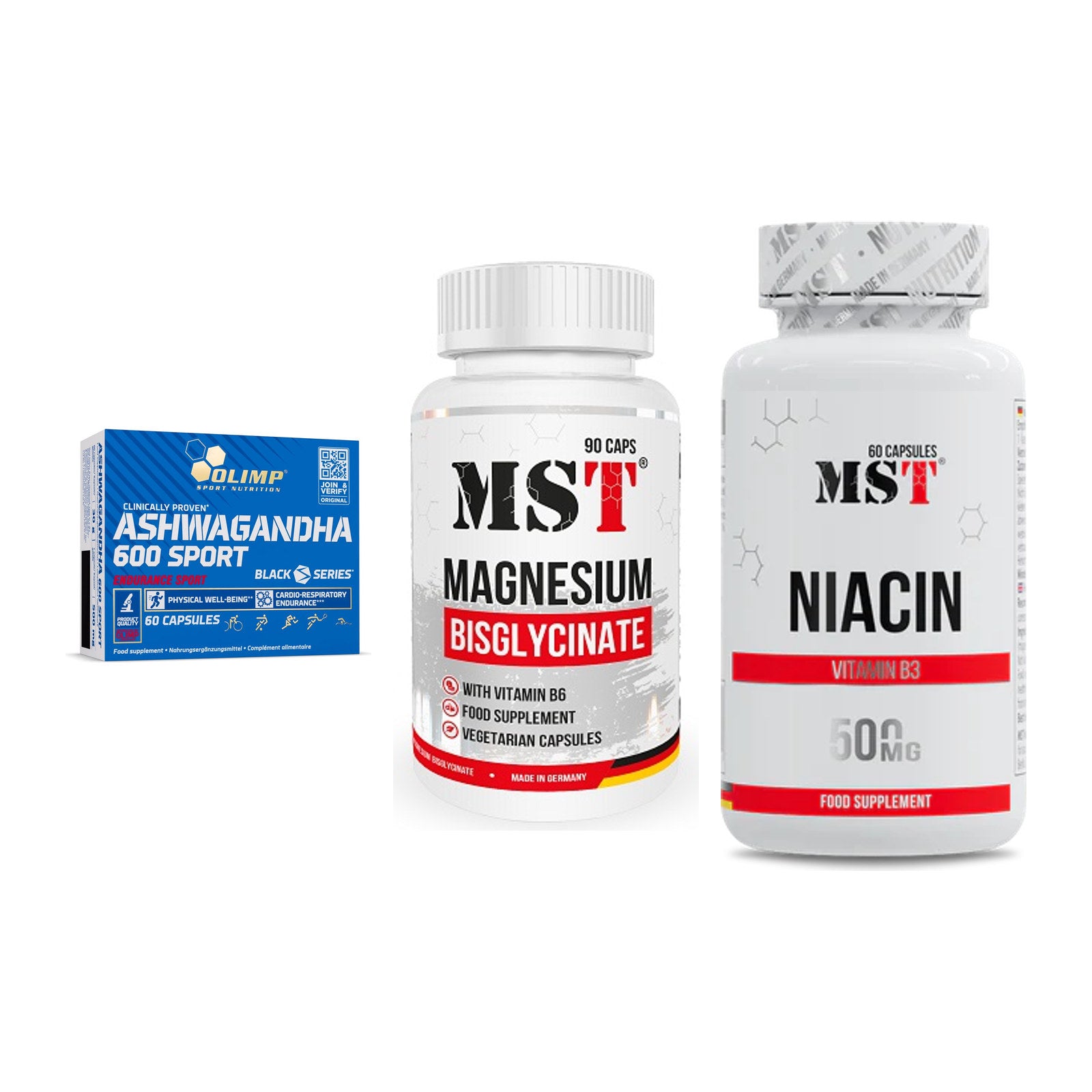 Stress & Balance: Olimp Ashwagand + MST Magnesium + MST Niacin – alle enthaltenen Artikel