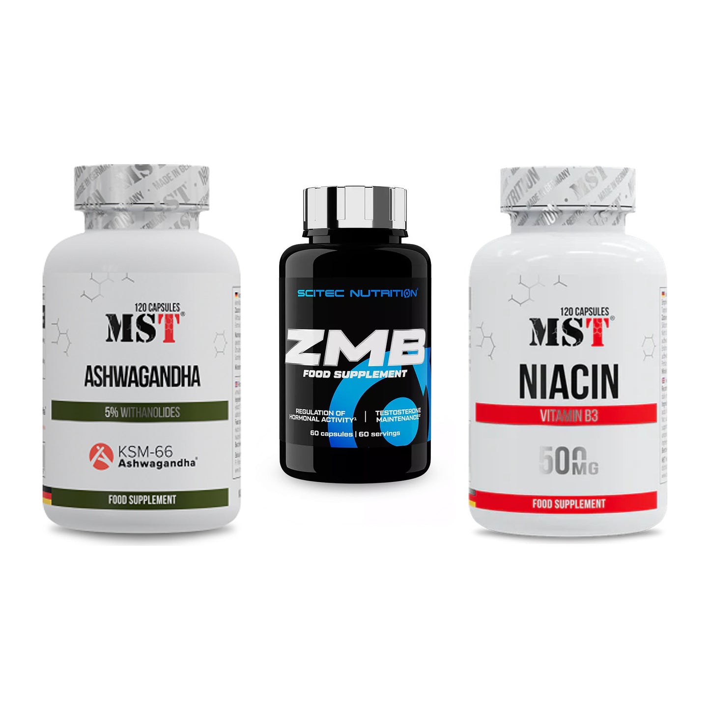 Stress & Balance: MST Ashwagandha KSM-66 + Scitec ZMB + MST Niacin – alle enthaltenen Artikel