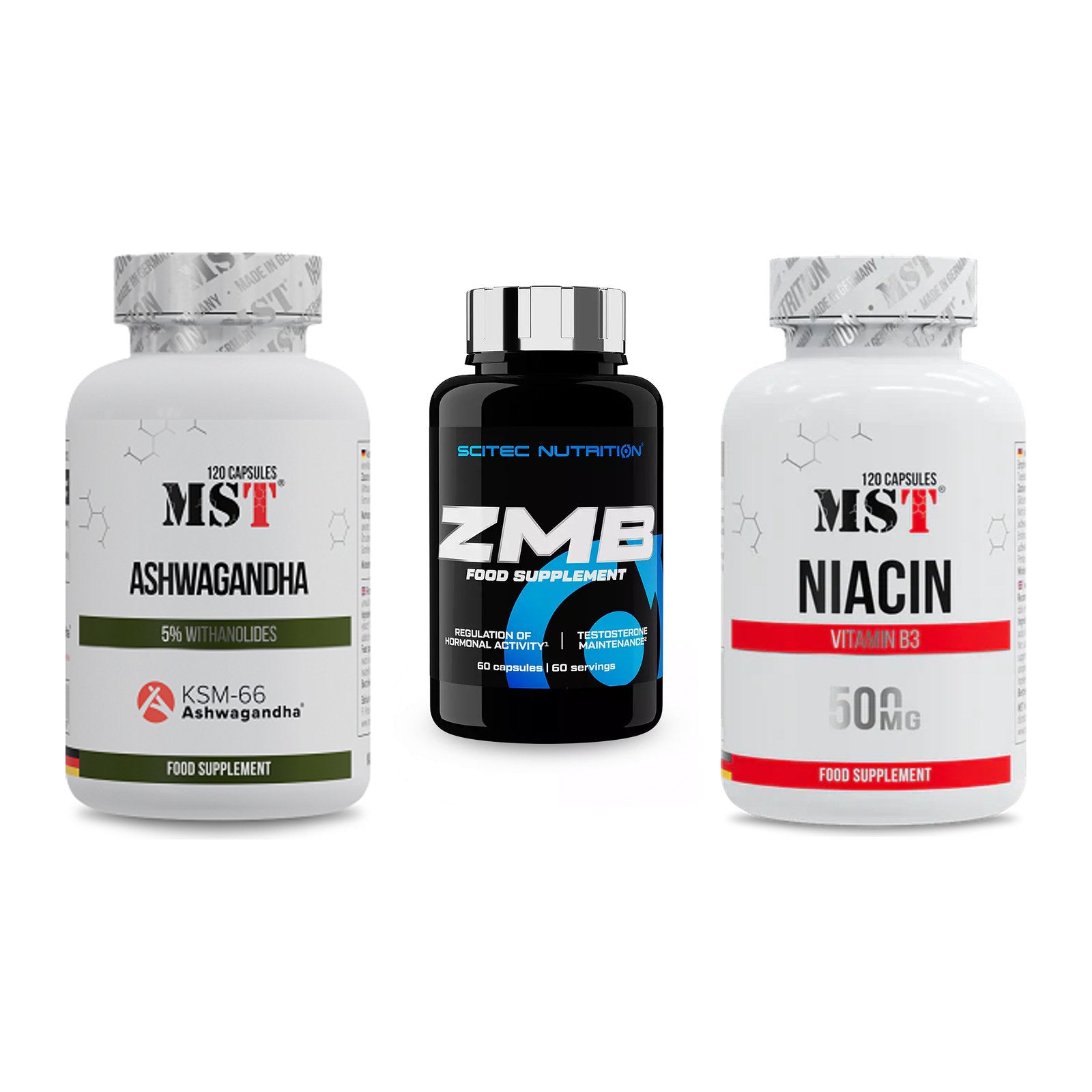 Stress & Balance: MST Ashwagandha KSM-66 + Scitec ZMB + MST Niacin – alle enthaltenen Artikel