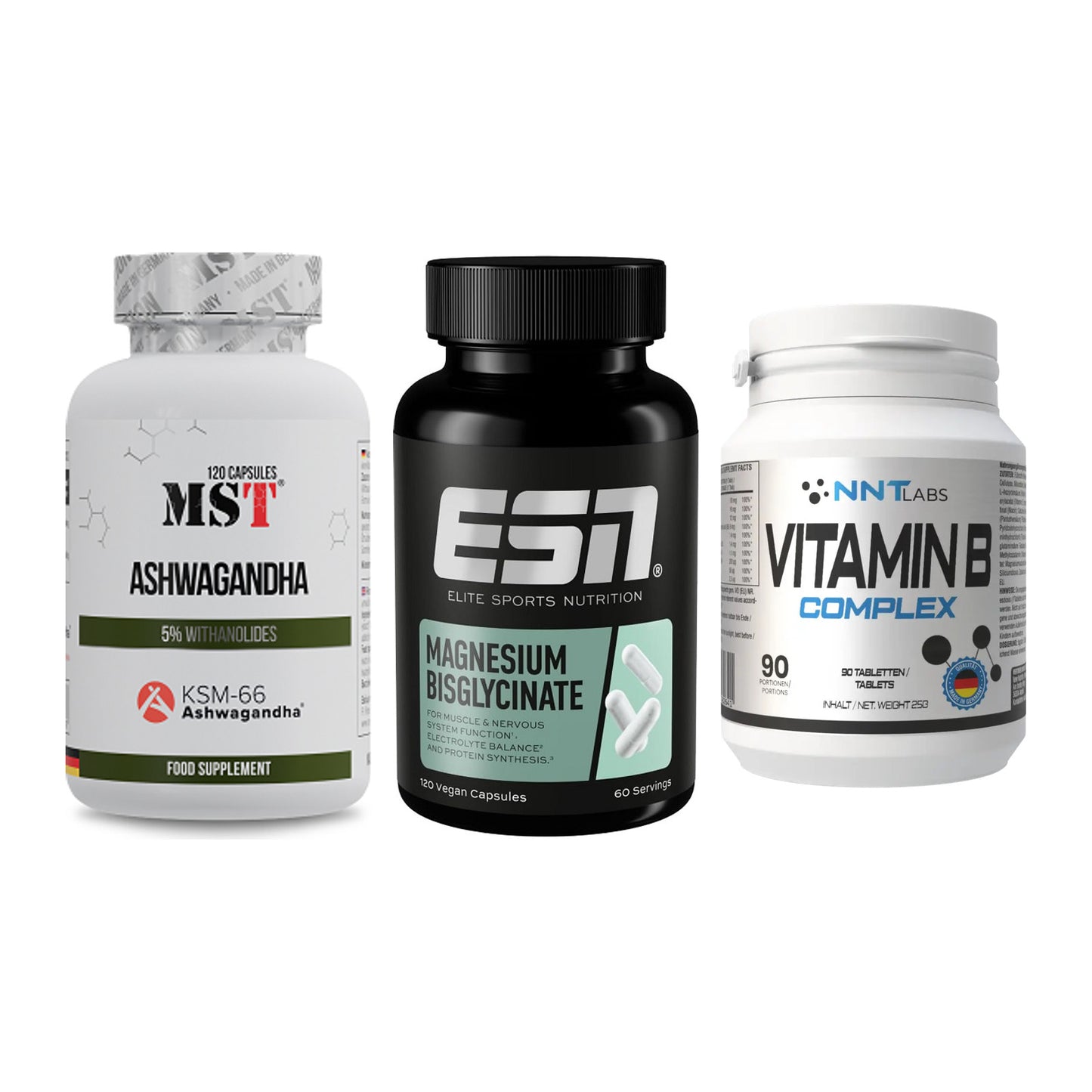 Stress & Balance: MST Ashwagandha + ESN Magnesium + NNT Vitamin B – alle enthaltenen Artikel
