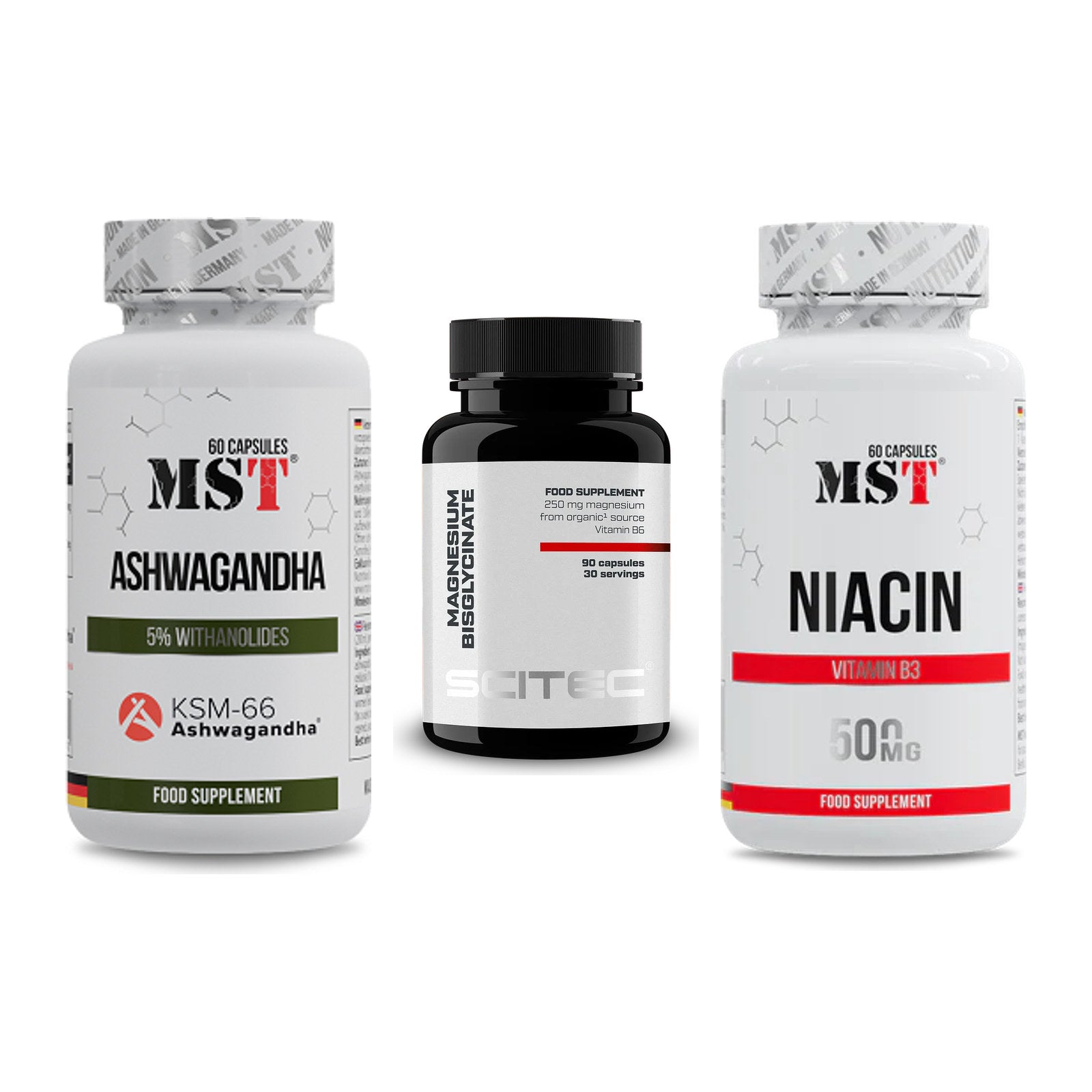 Stress & Balance: MST Ashwagandha + Scitec Magnesiu + MST Niacin – alle enthaltenen Artikel