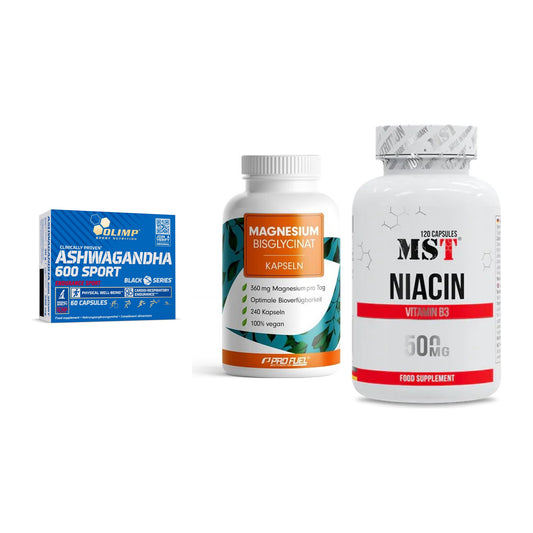 Stress & Balance: Olimp Ashwagand + ProFuel Magnesi + MST Niacin – alle enthaltenen Artikel