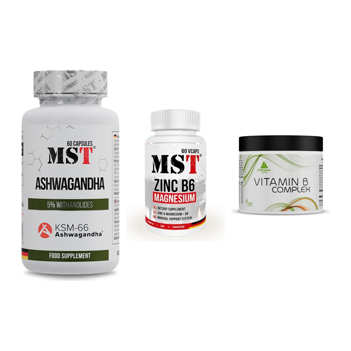 Stress & Balance: MST Ashwagandha + MST Zinc + Peak Vitamin B – alle enthaltenen Artikel