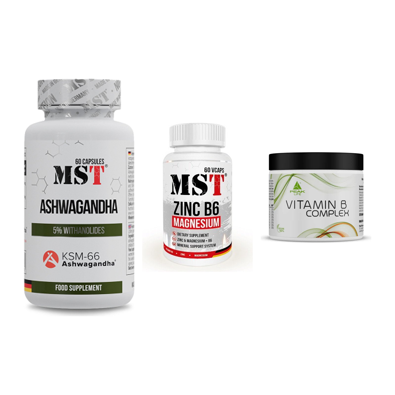 Stress & Balance: MST Ashwagandha + MST Zinc + Peak Vitamin B – alle enthaltenen Artikel