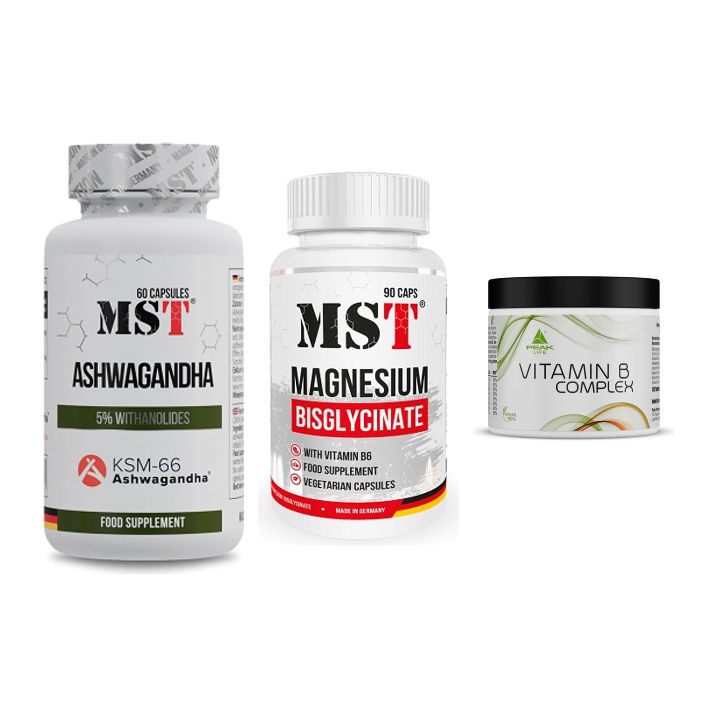 Stress & Balance: MST Ashwagandha + MST Magnesium + Peak Vitamin B – alle enthaltenen Artikel