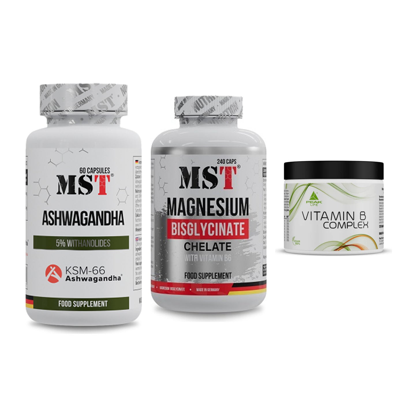 Stress & Balance: MST Ashwagandha + MST Magnesium + Peak Vitamin B – alle enthaltenen Artikel