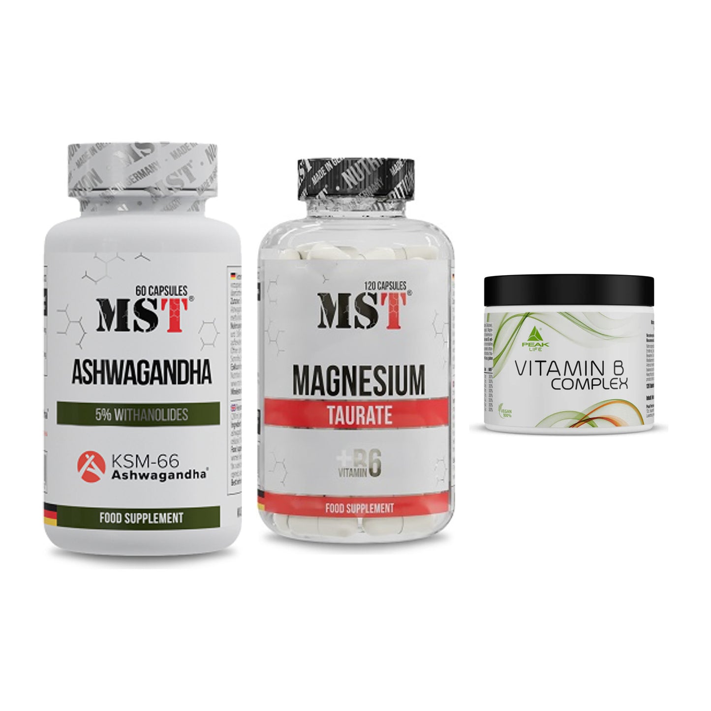 Stress & Balance: MST Ashwagandha + MST Magnesium + Peak Vitamin B – alle enthaltenen Artikel