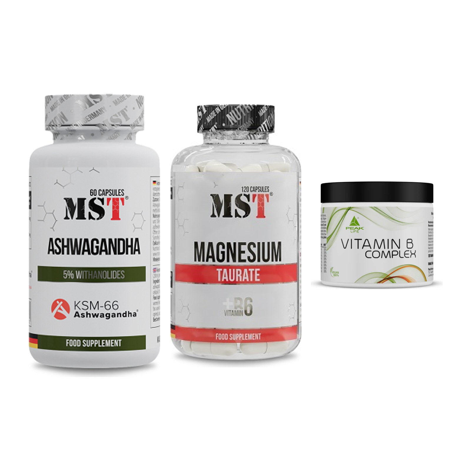 Stress & Balance: MST Ashwagandha + MST Magnesium + Peak Vitamin B – alle enthaltenen Artikel