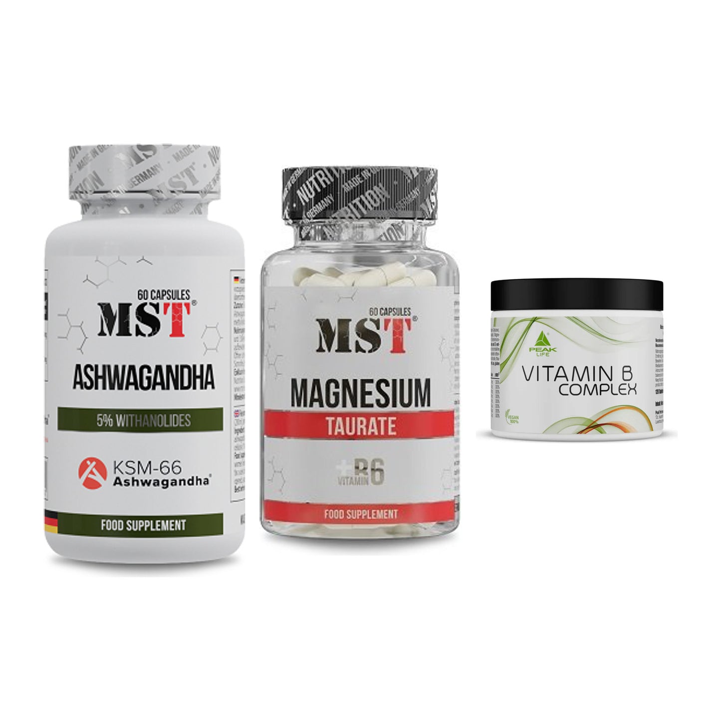 Stress & Balance: MST Ashwagandha + MST Magnesium + Peak Vitamin B – alle enthaltenen Artikel