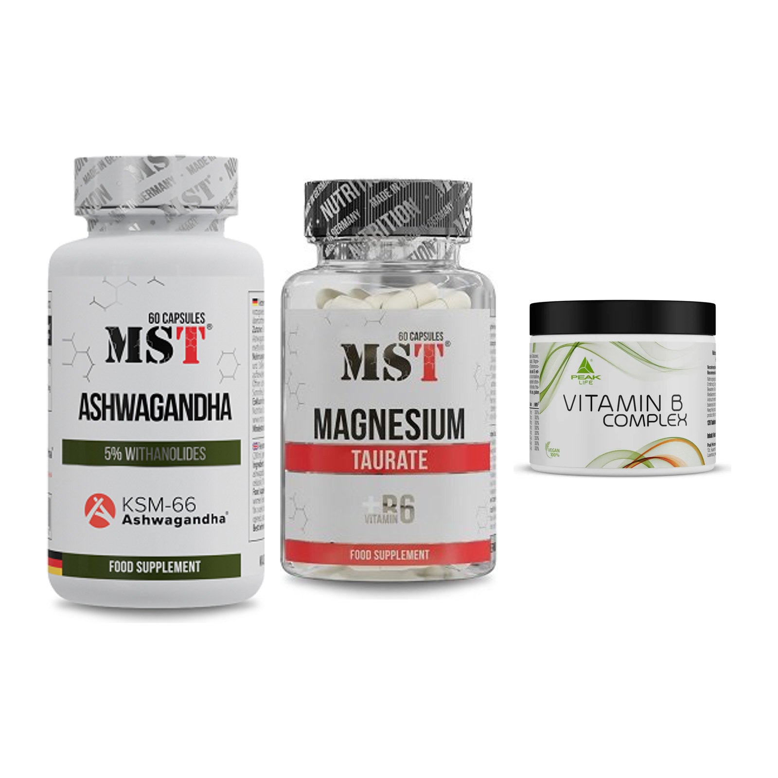 Stress & Balance: MST Ashwagandha + MST Magnesium + Peak Vitamin B – alle enthaltenen Artikel