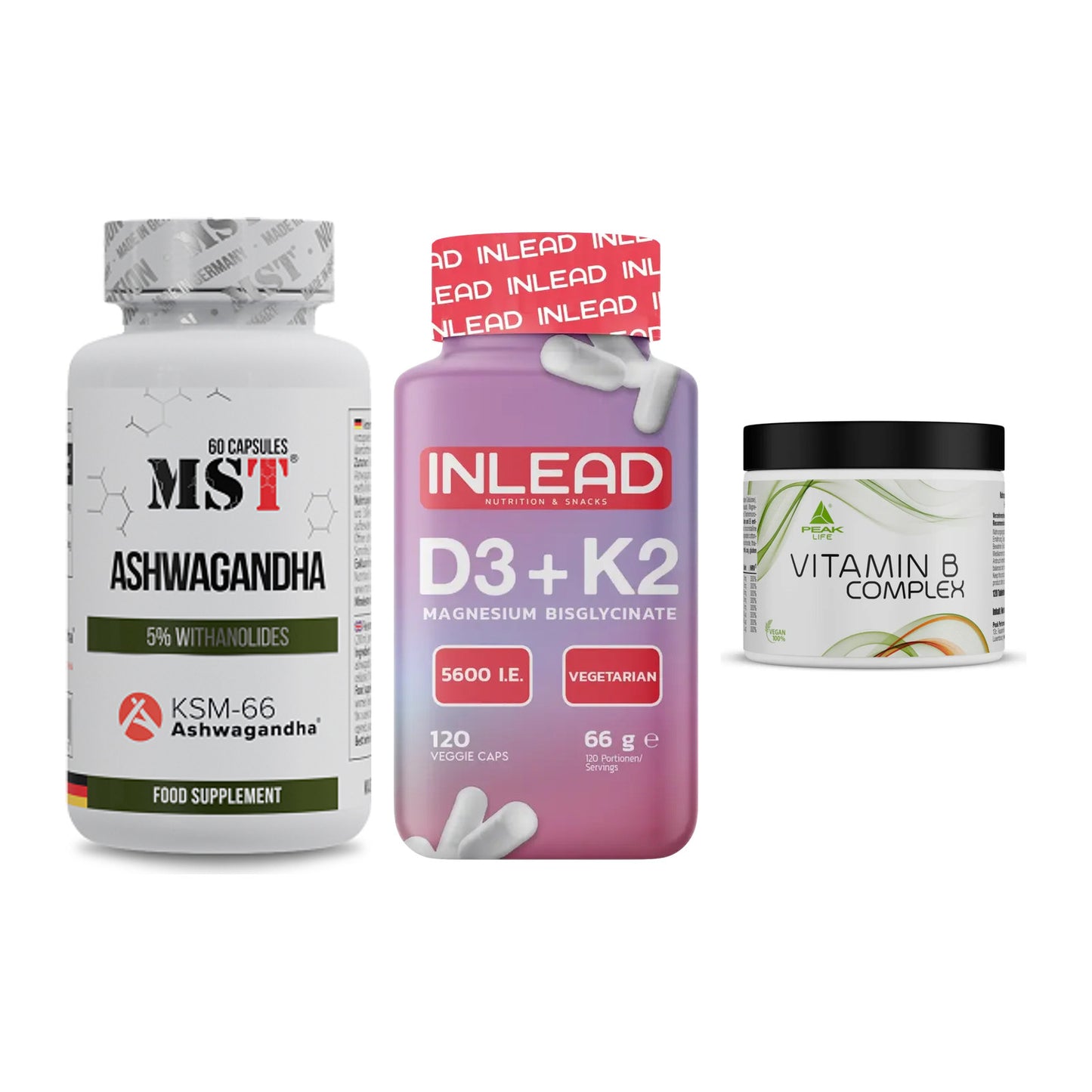 Stress & Balance: MST Ashwagandha + INLEAD Vitamin + Peak Vitamin B – alle enthaltenen Artikel