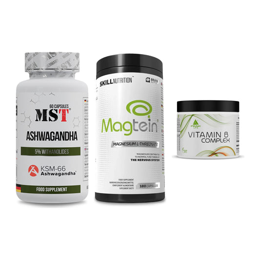 Stress & balance: MST Ashwagandha + Skill Nutrition + Peak Vitamin B - alle varer inkluderet