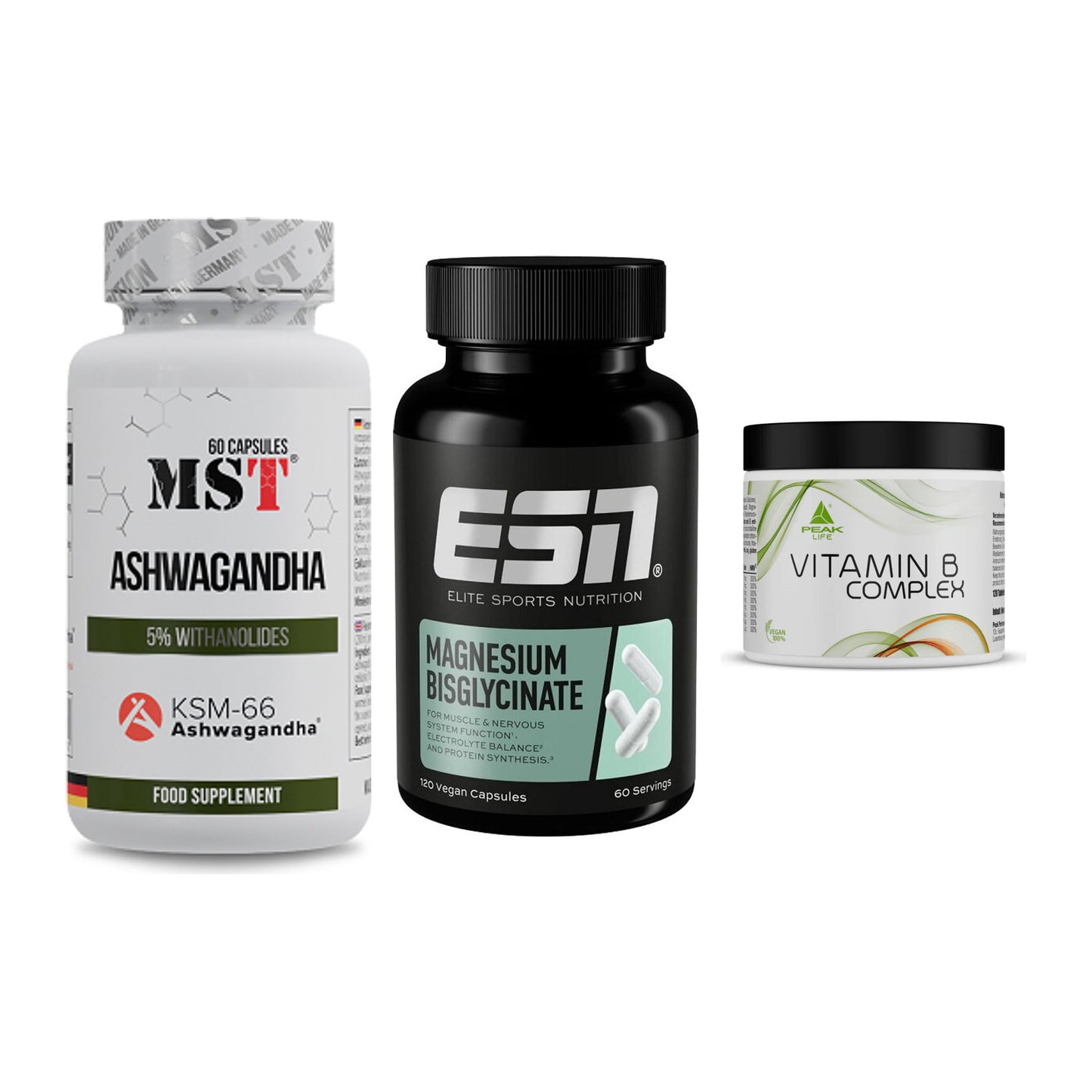 Stress & Balance: MST Ashwagandha + ESN Magnesium + Peak Vitamin B – alle enthaltenen Artikel