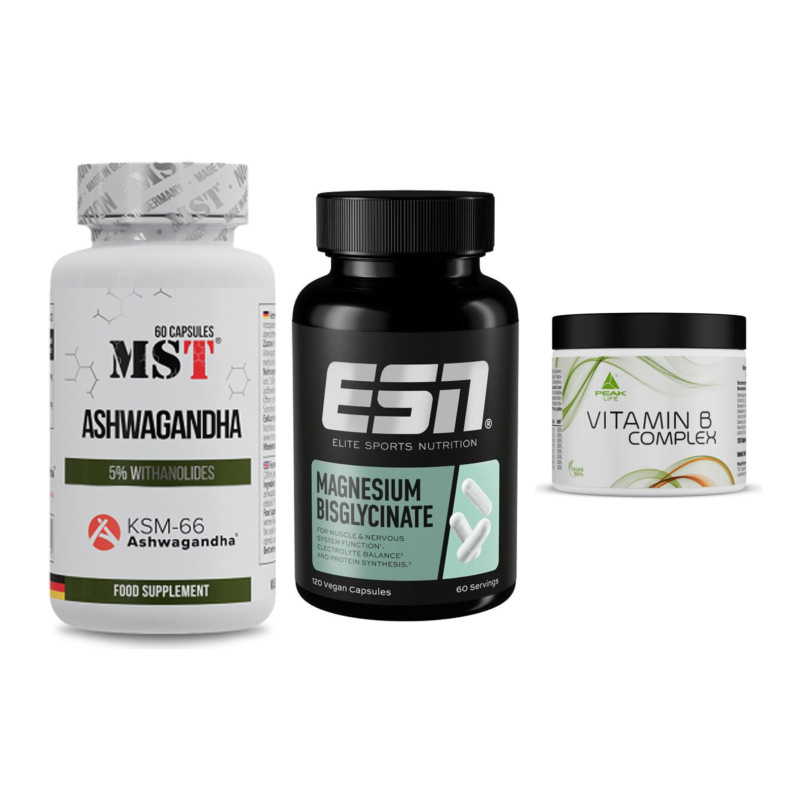 Stress & Balance: MST Ashwagandha + ESN Magnesium + Peak Vitamin B – alle enthaltenen Artikel