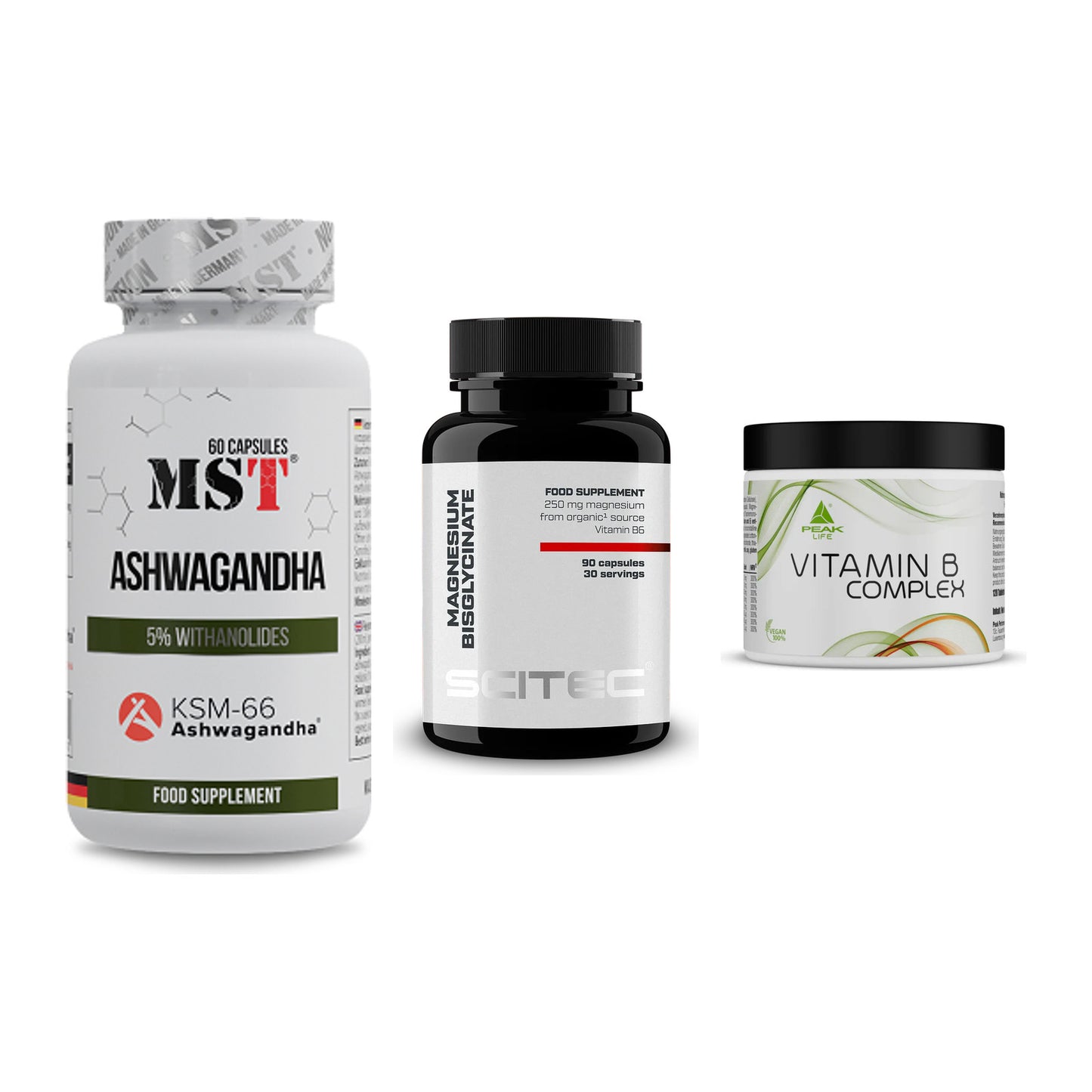 Stress & Balance: MST Ashwagandha + Scitec Magnesiu + Peak Vitamin B – alle enthaltenen Artikel
