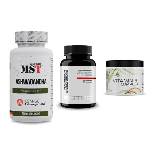 Stress & Balance: MST Ashwagandha + Scitec Magnesiu + Peak Vitamin B – alle enthaltenen Artikel