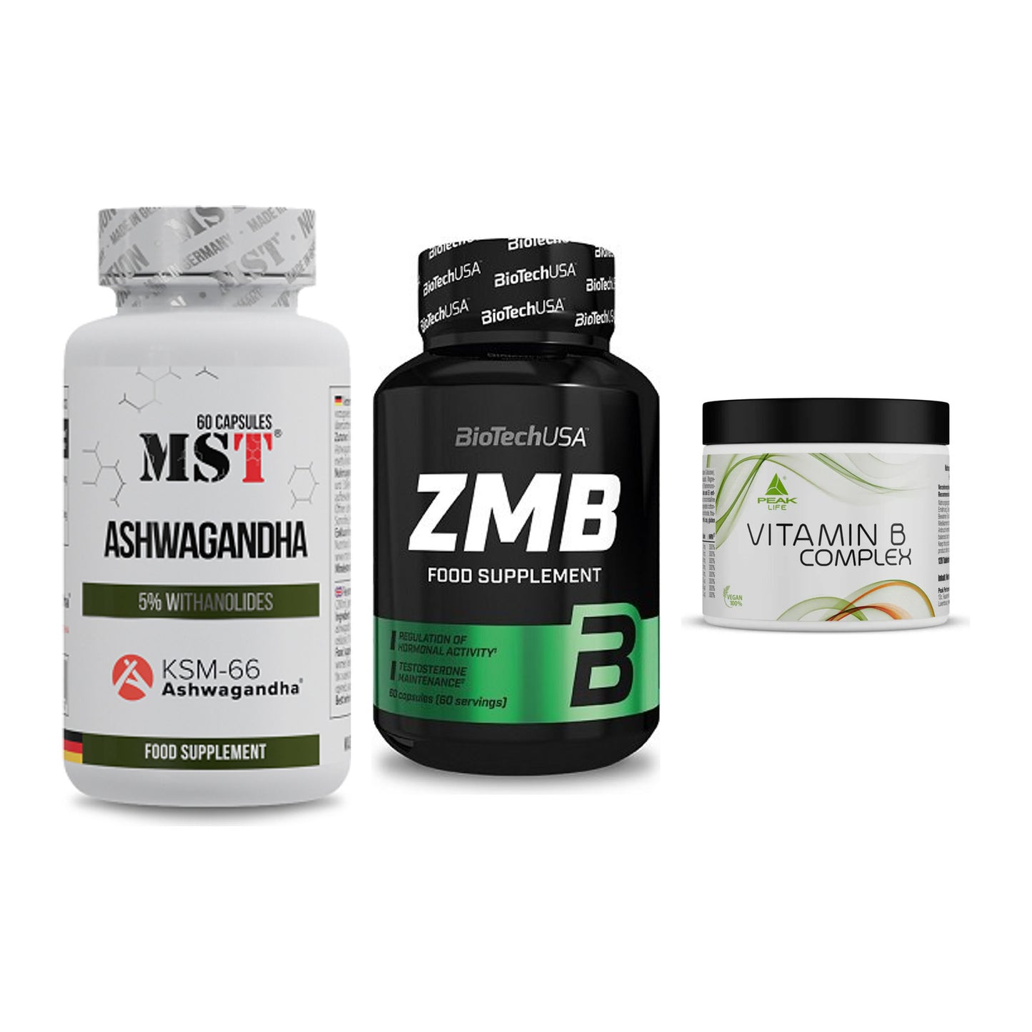 Stress & Balance: MST Ashwagandha + BioTech ZMB + Peak Vitamin B – alle enthaltenen Artikel