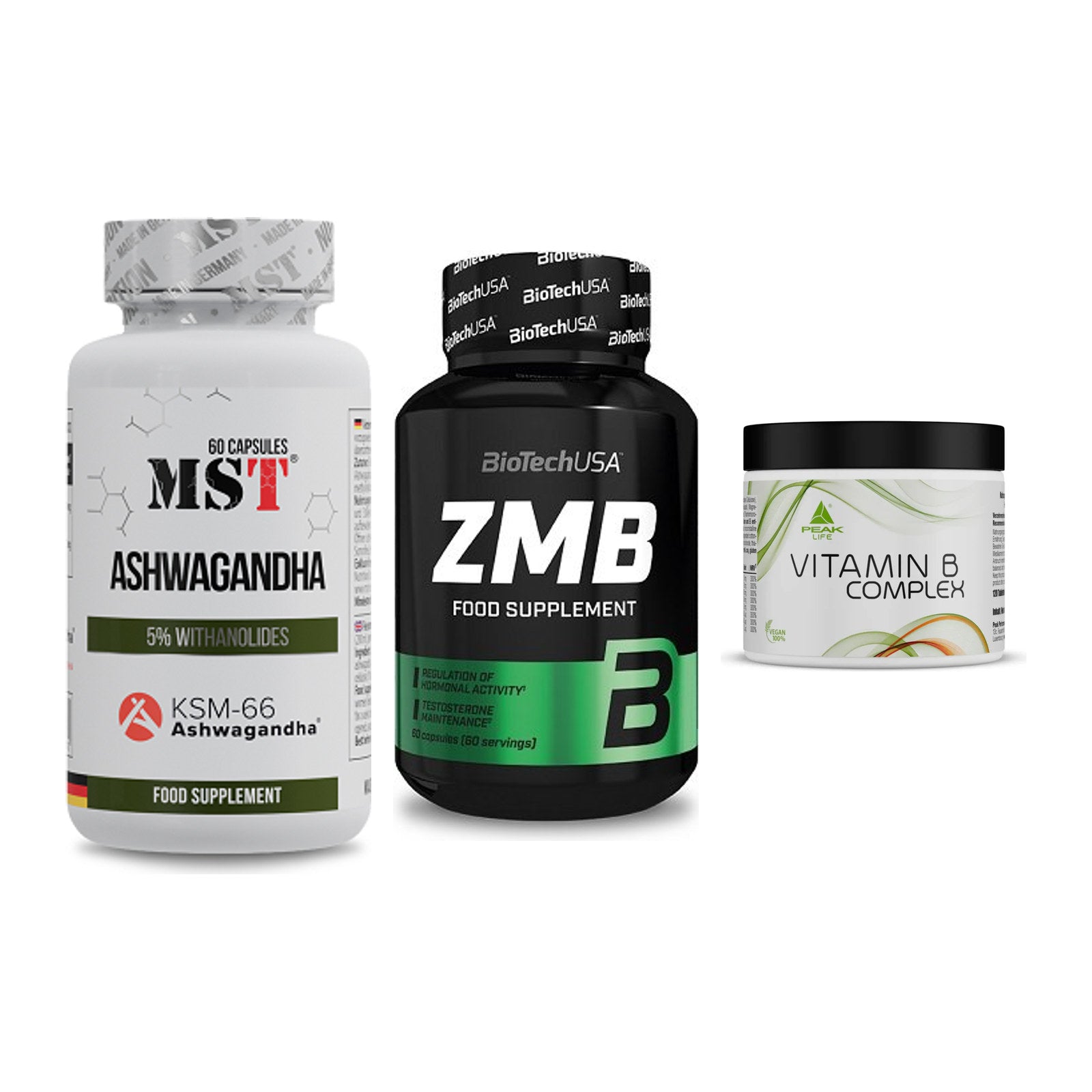 Stress & Balance: MST Ashwagandha + BioTech ZMB + Peak Vitamin B – alle enthaltenen Artikel