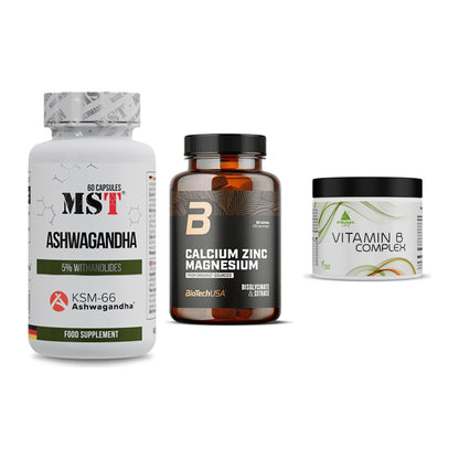 Stress & Balance: MST Ashwagandha + BioTech Calcium + Peak Vitamin B – alle enthaltenen Artikel