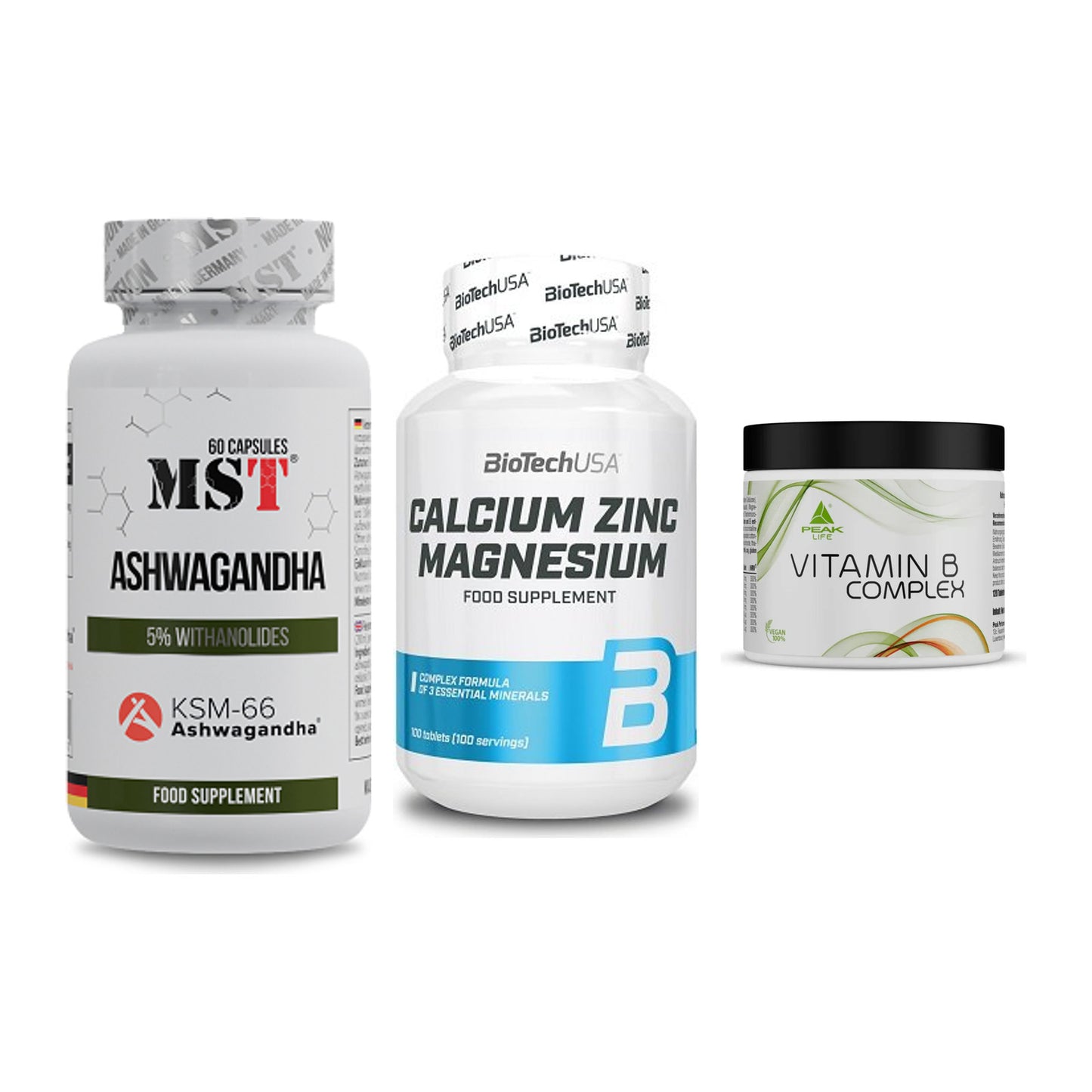 Stress & Balance: MST Ashwagandha + BioTech Calcium + Peak Vitamin B – alle enthaltenen Artikel
