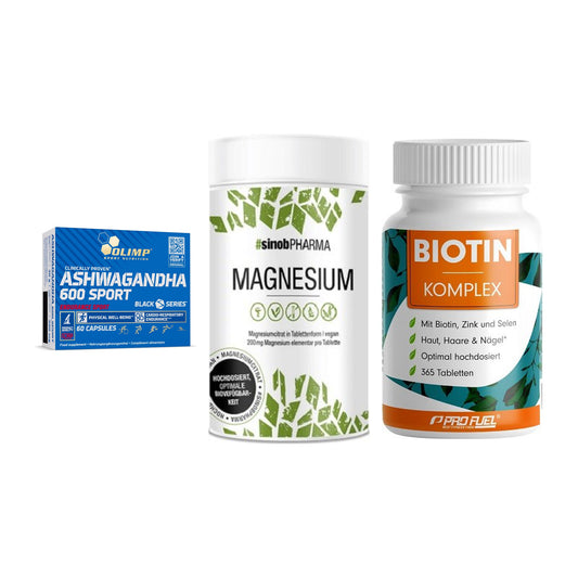 Stress & Balance: Olimp Ashwagand + Sinob Magnesium + ProFuel BIOTIN – alle enthaltenen Artikel