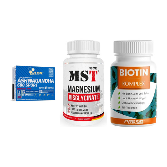 Stress & Balance: Olimp Ashwagand + MST Magnesium + ProFuel BIOTIN – alle enthaltenen Artikel