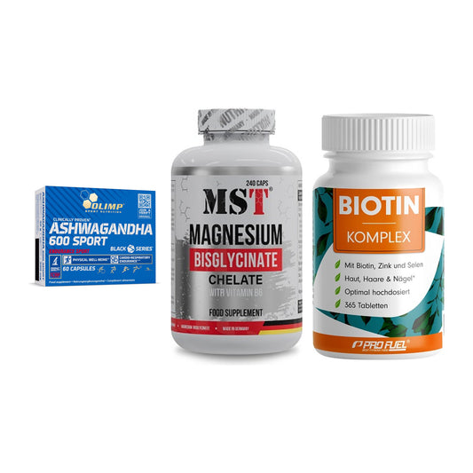 Stress & Balance: Olimp Ashwagand + MST Magnesium + ProFuel BIOTIN – alle enthaltenen Artikel