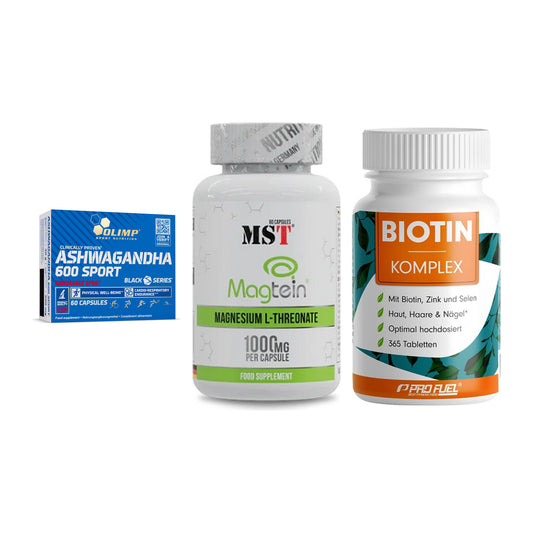 Stress & Balance: Olimp Ashwagand + MST Magnesium + ProFuel BIOTIN – alle enthaltenen Artikel