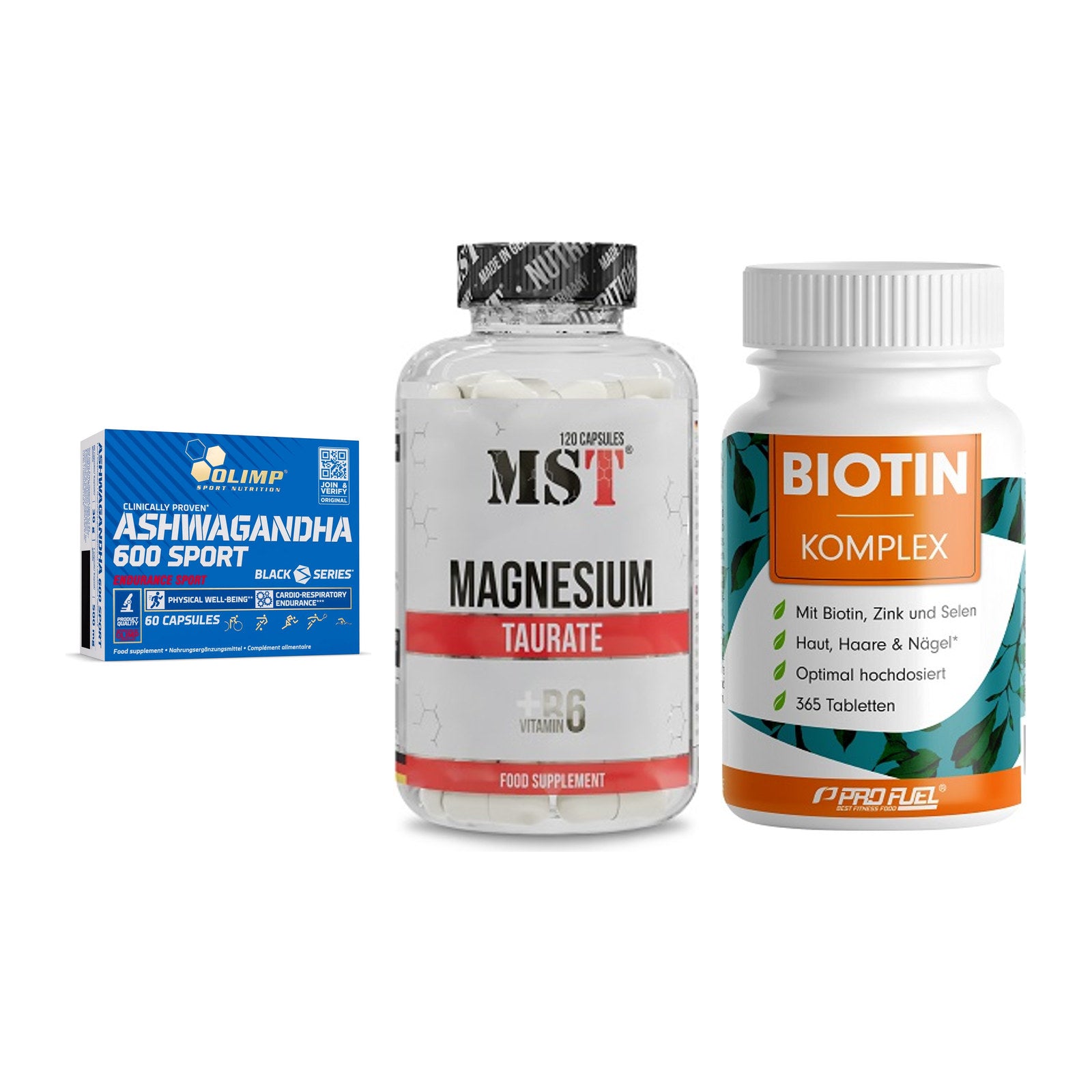 Stress & Balance: Olimp Ashwagand + MST Magnesium + ProFuel BIOTIN – alle enthaltenen Artikel