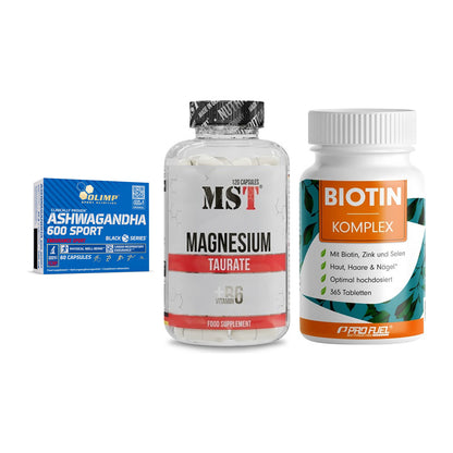 Stress & Balance: Olimp Ashwagand + MST Magnesium + ProFuel BIOTIN – alle enthaltenen Artikel