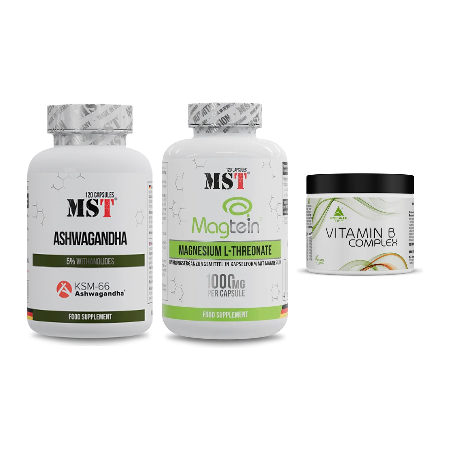 Stress & Balance: MST Ashwagandha + MST Magnesium + Peak Vitamin B – alle enthaltenen Artikel