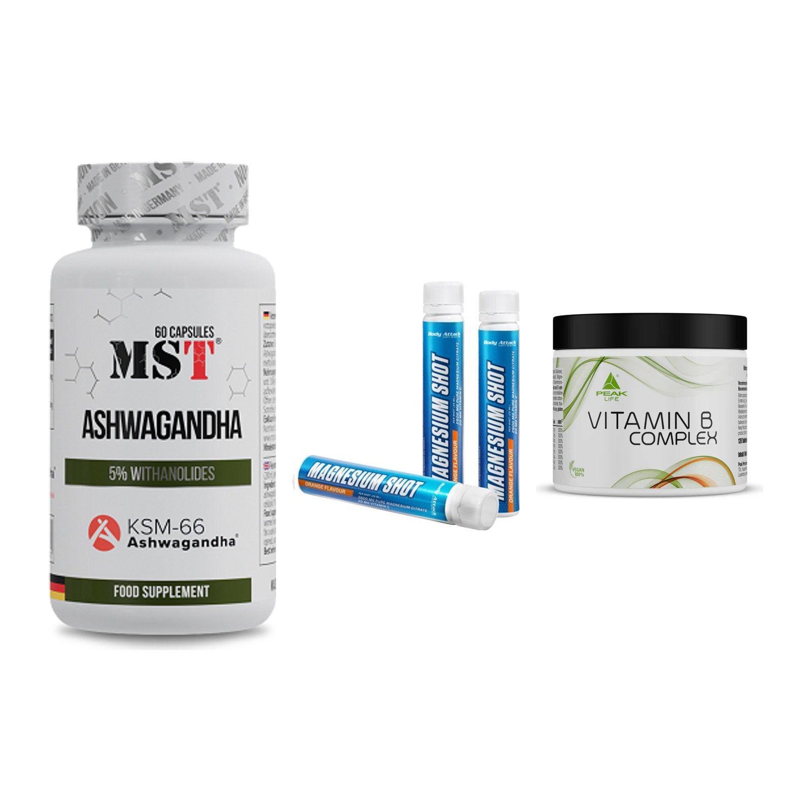 Stress & Balance: MST Ashwagandha + Body Attack + Peak Vitamin B – alle enthaltenen Artikel