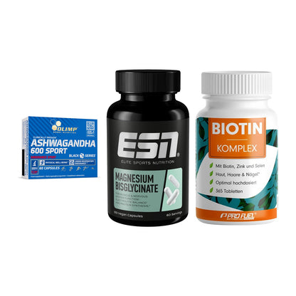 Stress & Balance: Olimp Ashwagand + ESN Magnesium + ProFuel BIOTIN – alle enthaltenen Artikel