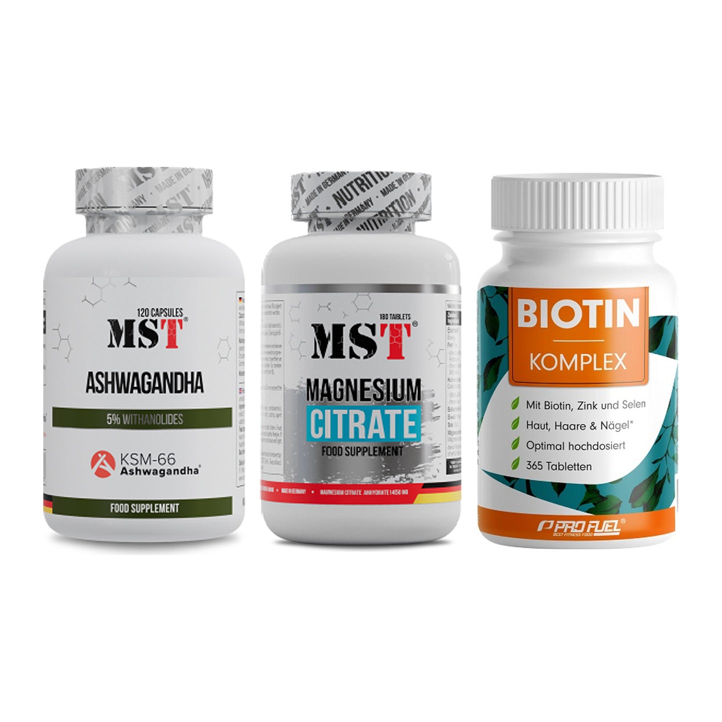 Stress & Balance: MST Ashwagandha + MST Magnesium + ProFuel BIOTIN – alle enthaltenen Artikel