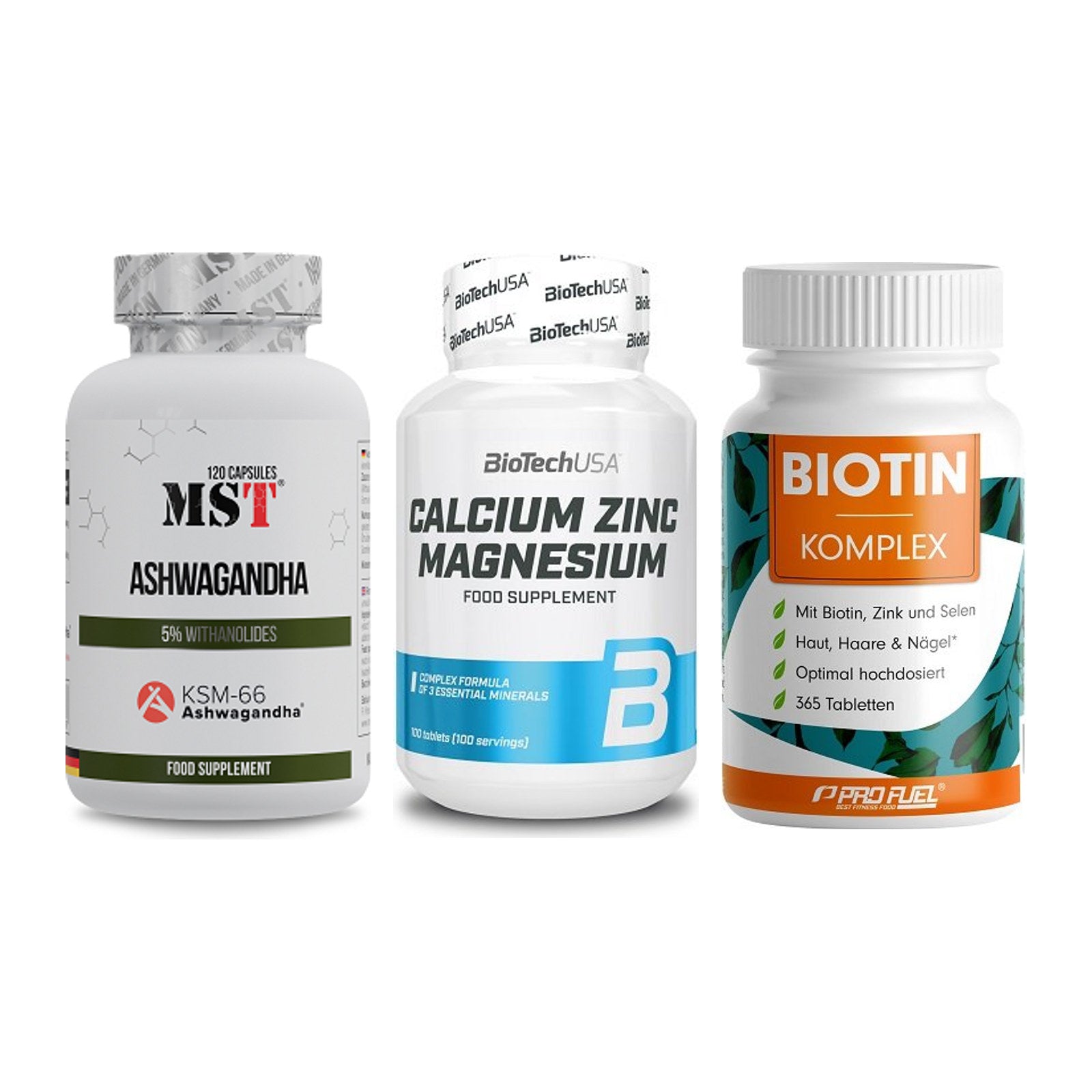 Stress & Balance: MST Ashwagandha + BioTech Calcium + ProFuel BIOTIN – alle enthaltenen Artikel