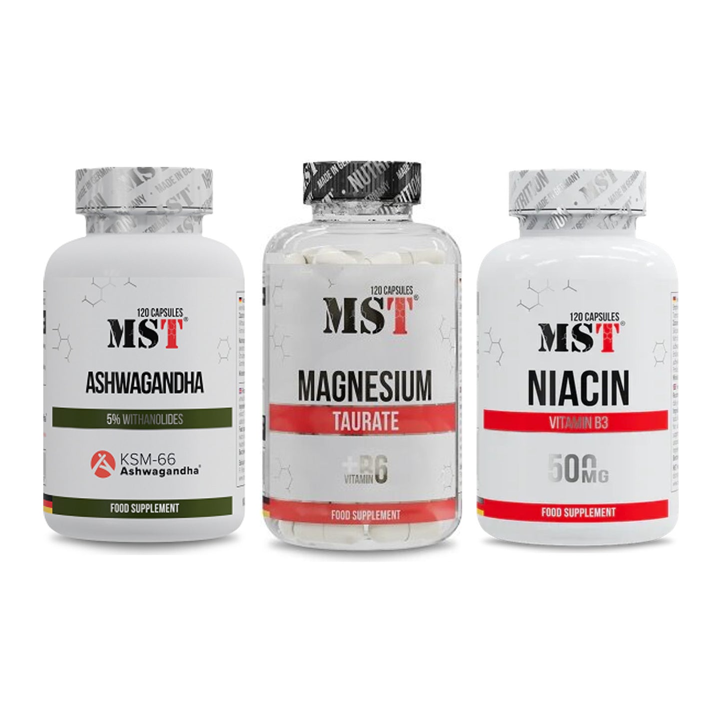 MST Stress & Balance: Ashwagandha KSM-66 + Magnesium Taurat + Niacin – alle enthaltenen Artikel