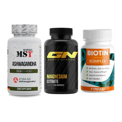 Stress & Balance: MST Ashwagandha + GN Magnesium + ProFuel BIOTIN – alle enthaltenen Artikel