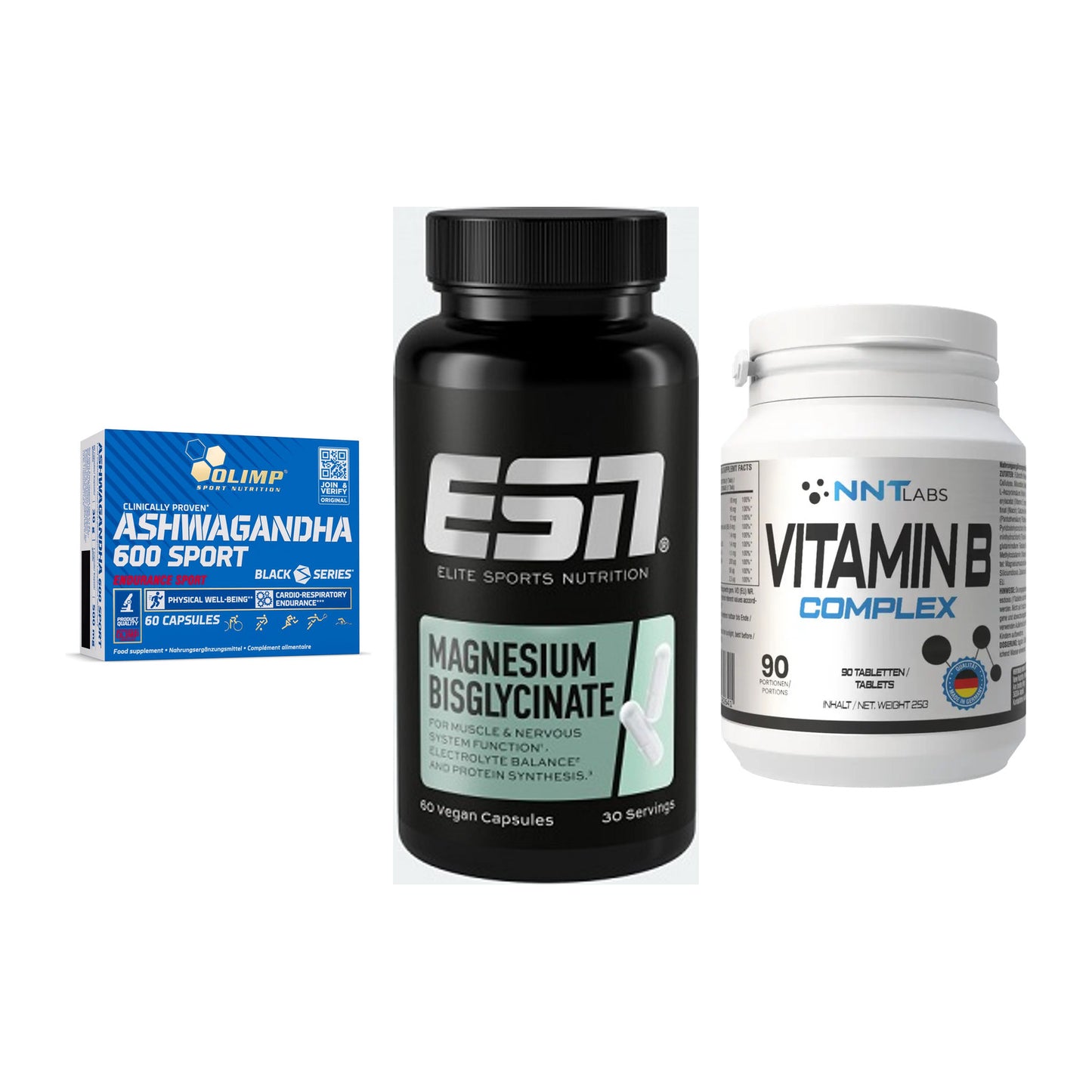 Stress & Balance: Olimp Ashwagand + ESN Magnesium + NNT Vitamin B – alle enthaltenen Artikel