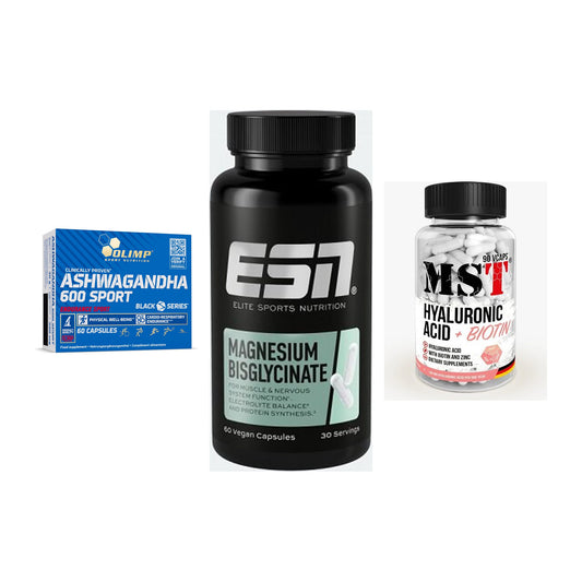 Stres & Balance: Olimp Ashwagand + ESN Magnesium + MST Hyaluronic – vsi izdelki vključeni