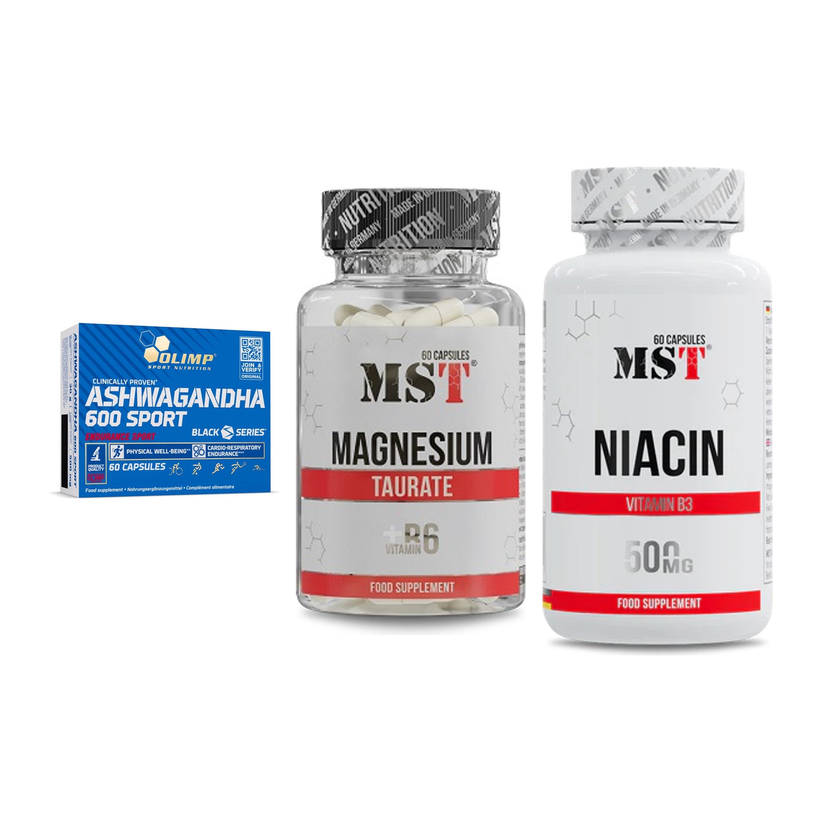 Stress & Balance: Olimp Ashwagand + MST Magnesium + MST Niacin – alle enthaltenen Artikel
