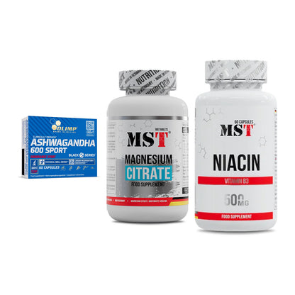 Stress & Balance: Olimp Ashwagand + MST Magnesium + MST Niacin – alle enthaltenen Artikel